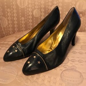 BRUNO MAGLI dark navy 3” heels w/ gold star toes